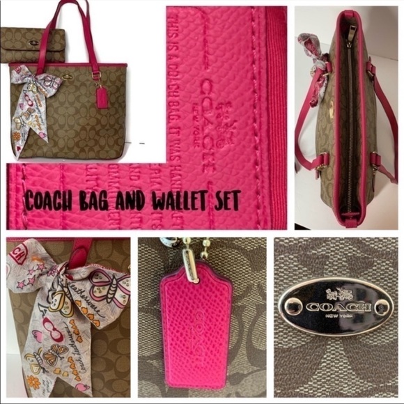 Coach Khaki Brown Pink Signature C Tote Bag Wallet Check Scarf Set 34603 Barbie - Picture 4 of 8